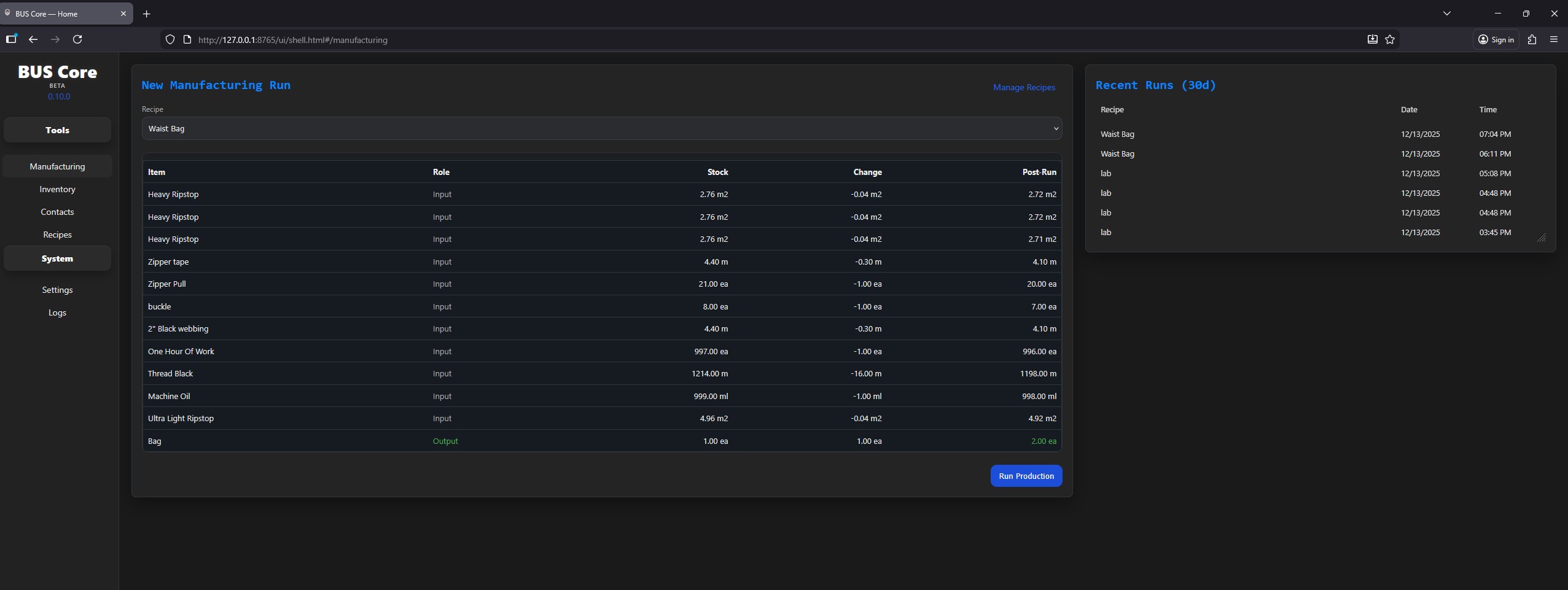 BUS Core Manufacturing Runs