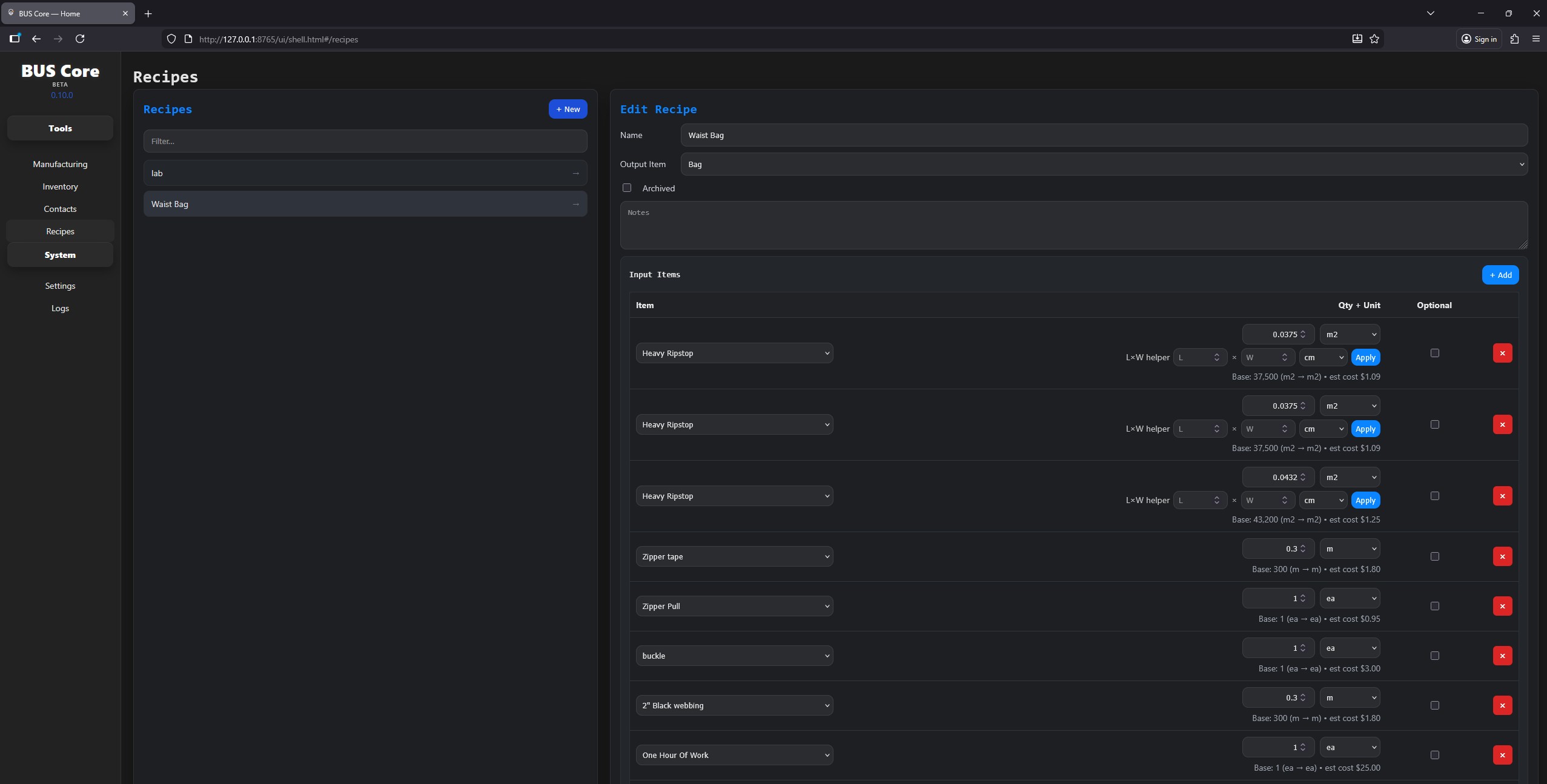 BUS Core Recipe Builder