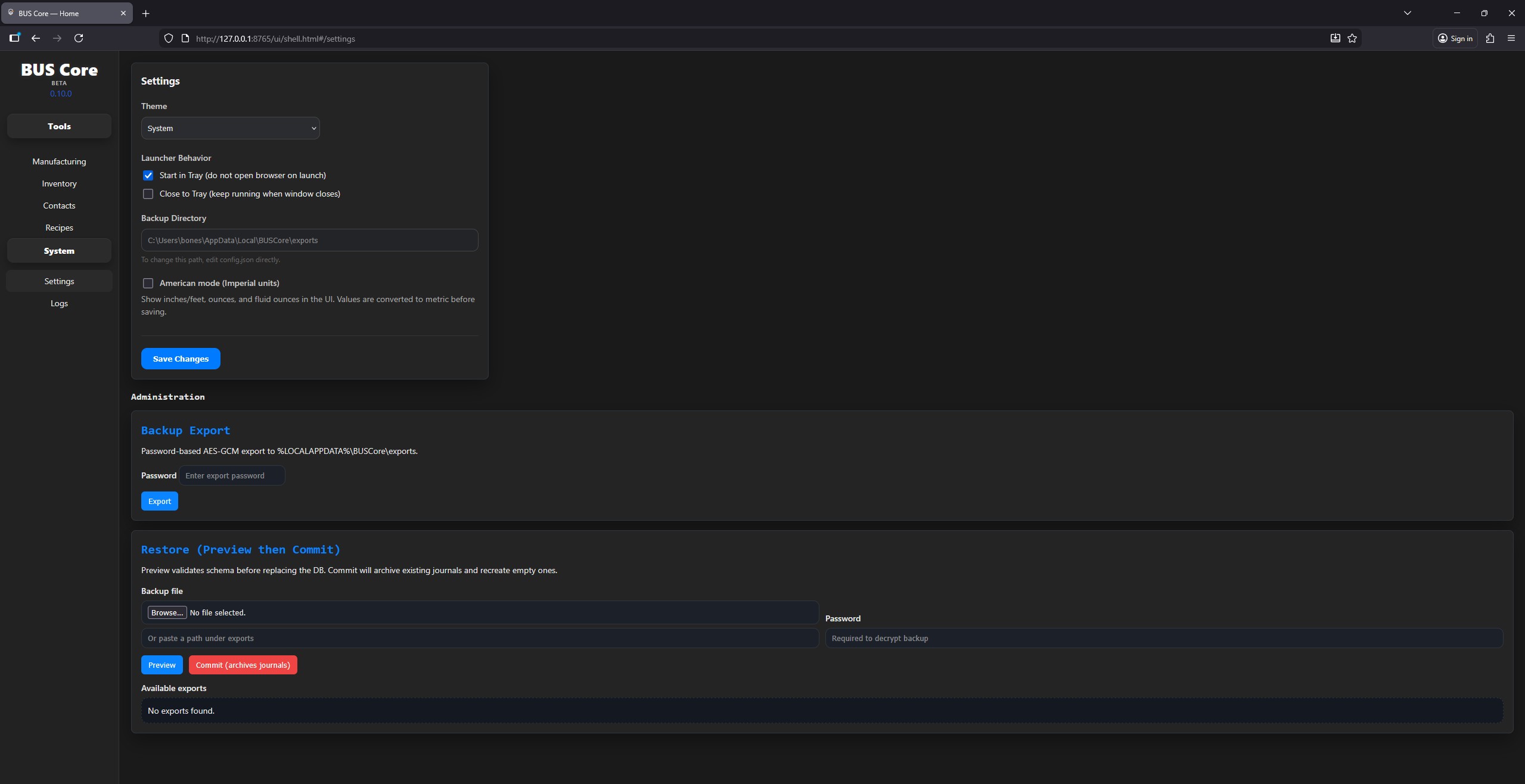 BUS Core Settings & Backup